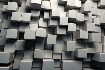 A sleek, shiny mosaic wall made of rectangular, three-dimensional bricks stacked to resemble a concrete block background. Rendered in 3D. Generative AI