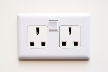 White wall mounted socket board with two electrical sockets and a switch. The socket board is isolated on a white background.