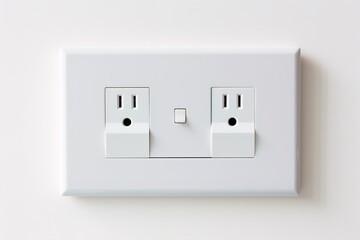 White wall mounted socket board with two electrical sockets and a switch. The socket board is isolated on a white background.