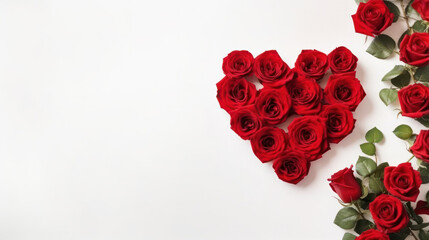Bouquet of red roses with heart shaped, Happy Valentine Day background, Anniversary, Wedding, Proposal. Copy space for text. Generative AI