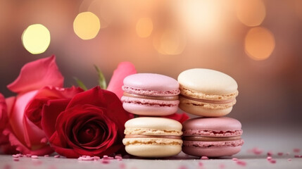Fototapeta na wymiar Delicious macarons with red roses, Happy Valentine Day background, Anniversary, Wedding, Proposal. Copy space for text. Generative AI