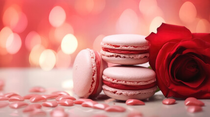 Delicious macarons with red roses, Happy Valentine Day background, Anniversary, Wedding, Proposal. Copy space for text. Generative AI - obrazy, fototapety, plakaty