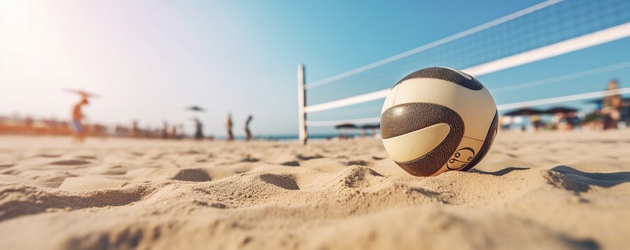 Focused ball on the beach sand, beach volleyball game under sunlight and blue sky blurred background