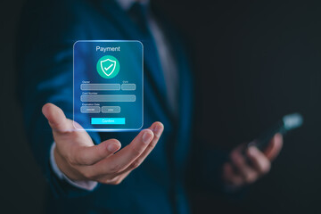 Digital online payment concept. Business people show virtual online payment, digital bank account, technology online banking app, financial transaction. Payment successful. Internet Ecommerce.