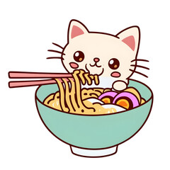 Kawaii Asian Cat Is Sitting And Eating Ramen