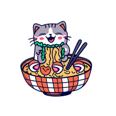 Cute Cat Ramen Noodle Cartoon Vector Icon Illustration. Animal Food Icon Concept Isolated Premium Vector. Flat Cartoon Style