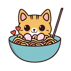 character cartoon little cat, eating ramen noodles.. Retro background with animal. Perfect for print or tshirt design, generative AI