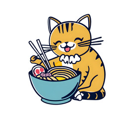 character cartoon little cat, eating ramen noodles.. Retro background with animal. Perfect for print or tshirt design, generative AI