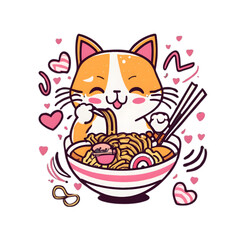 llustration vector graphic of cute cat eats ramen. japanese food noodles. Retro background with animal. Perfect for print or tshirt design, generative AI