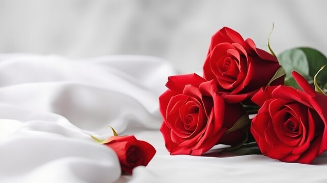 Bouquet of red roses, Happy Valentine Day background, Anniversary, Wedding, Proposal. Copy space for text. Generative AI