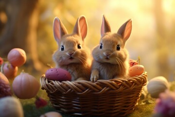 Smiling bunnies with Easter eggs in a basket. Celebrating Easter. Generative AI