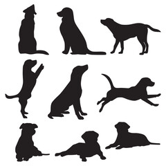 Collection of dog silhouettes in various poses isolated on white background