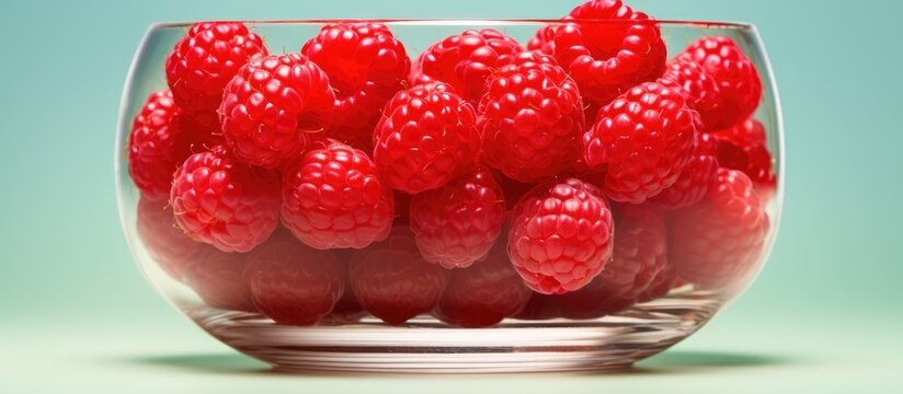 Macro photograph of a transparent glass containing red ripe juicy raspberries