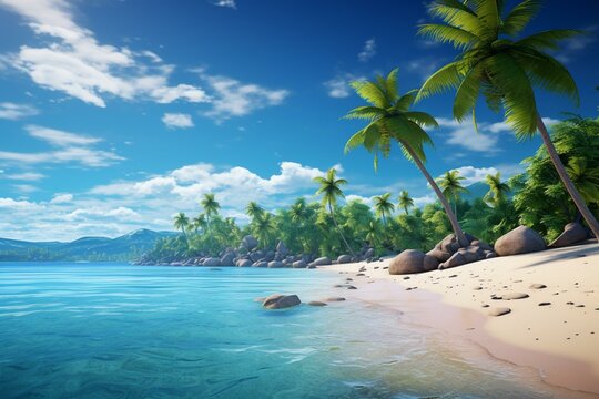 Tropical paradise with white sand beach and palm trees. Generative AI