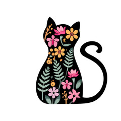 Seamless repeating pattern with black cats with folk popular floral motives and assorted colourful leaves with big red flowers on pink background. Magical, retro, fabric or wallpaper, generative AI.