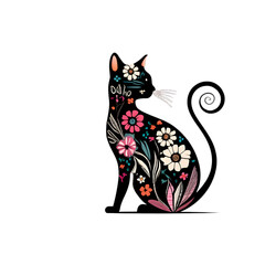 Seamless repeating pattern with black cats with folk popular floral motives and assorted colourful leaves with big red flowers on pink background. Magical, retro, fabric or wallpaper, generative AI.