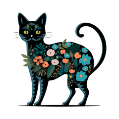 Cats and colorful decorative flowers. Vector seamless pattern, generative AI.
