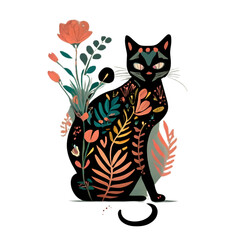 Cats and colorful decorative flowers. Vector seamless pattern, generative AI.