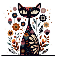 Cats and colorful decorative flowers. Vector seamless pattern, generative AI.