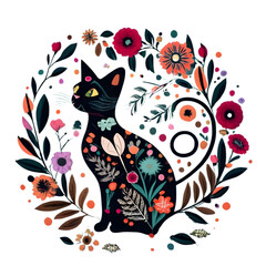 Seamless repeating pattern with black cats with folk popular floral motives and assorted colourful leaves with big red flowers on pink background. Magical, retro, fabric or wallpaper, generative AI.