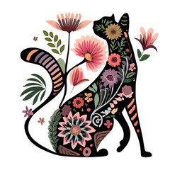 Floral Cat Silhouette Digital Clipart Instant Download Bundle Transparent Background High Resolution Beautiful Abstract Cats Flowers Art, generative AI.