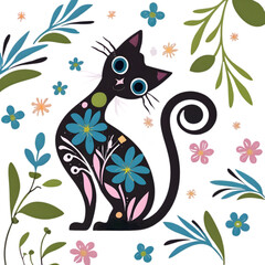 Floral Cat Silhouette Cat Lover, geneartive AI