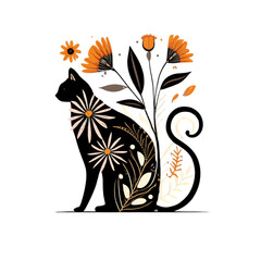 Floral Cat Silhouette Digital Clipart Instant Download Bundle Transparent Background High Resolution Beautiful Abstract Cats Flowers Art, generative AI.