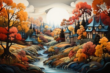Oil painting landscape - colorful autumn forest, beautiful river