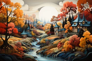 Photo sur Aluminium Bouleau Oil painting landscape - colorful autumn forest, beautiful river