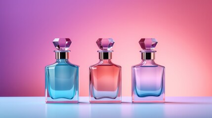 Trio of perfume bottles illuminated by gradient pastel lighting, emphasizing their elegance and design.