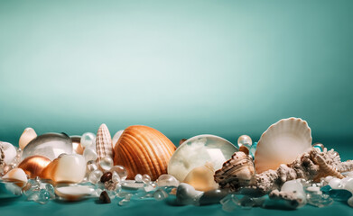 Serene oceanic tableau featuring vibrant seashells, marbles, and a starfish