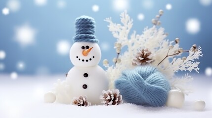 Delightful snowman with a blue knitted hat amidst snowy foliage and pinecones, set against a magical snowy backdrop.