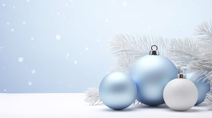 Dreamy winter scene of icy blue Christmas ornaments, shimmering spheres, and frosted tree twigs against a snowy atmosphere.