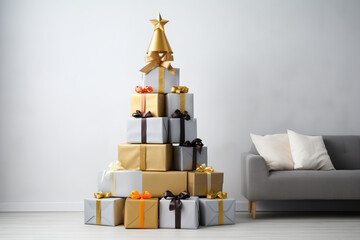 On the wooden floor of the minimalist living room on Christmas Day, a pyramid of brightly colored gift boxes, arranged like a tree, stands out.