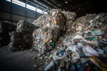 Huge plastic waste piles in recycling factory. Generative AI