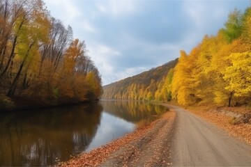 Landscape of river, road, and forest with yellow and brown foliage in autumn. Generative AI