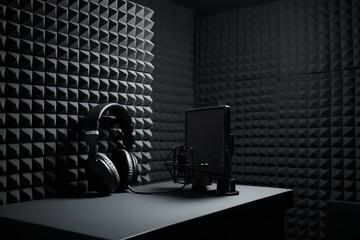 Professional audio equipment with headphones and sound-absorbing panel. Generative AI