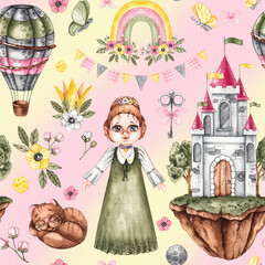 Watercolor seamless pattern with cute princess, air castle, balloon, rainbow