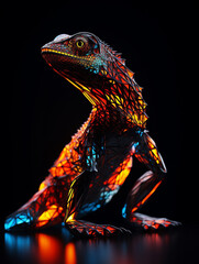 A Geometric Lizard Made of Glowing Lines of Light on a Solid Black Background