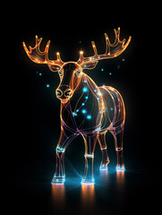 A Geometric Moose Made of Glowing Lines of Light on a Solid Black Background