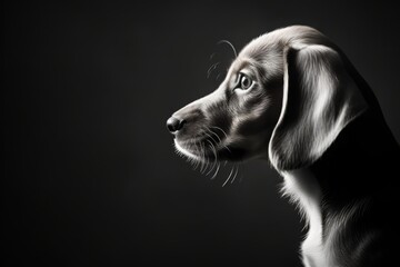 Black and white dog portrait on black background with copy space. Minimal concept of sad dog