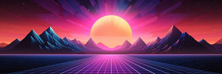 Retro futuristic retro 80s neon trendy synthwave vaporwave concept. Sunset neon background.