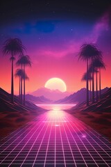 Retro futuristic retro 80s neon trendy synthwave vaporwave concept. Sunset neon background. - 669755172