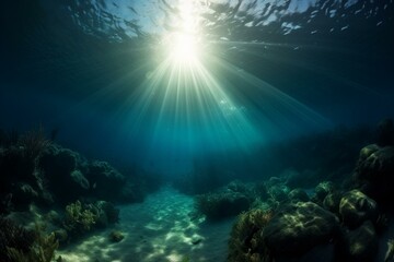 Naklejka na ściany i meble An abyss with underwater depth, bathed in the mesmerizing glow of a blue sun. Generative AI
