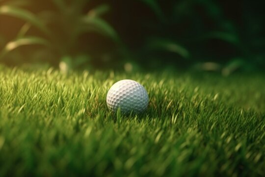 Golf ball on tee, grassy backdrop - 3D render. Generative AI