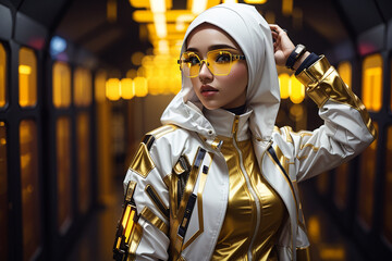 Obraz premium cyberpunk girl future tech hijab white gold