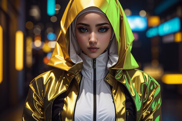 cyberpunk girl future tech hijab white gold