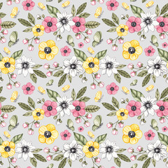 Watercolor seamless pattern with butterflies, flowers