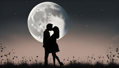 silhouette of a couple kissing in front of a full moon