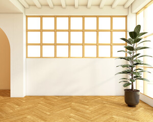 Morning light in empty room decorated with white wall and window glass. There are wood floor and green indoor plant. 3d rendering